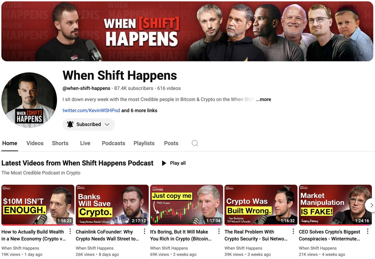 Screenshot of When Shift Happens YouTube channel featuring latest videos on crypto topics