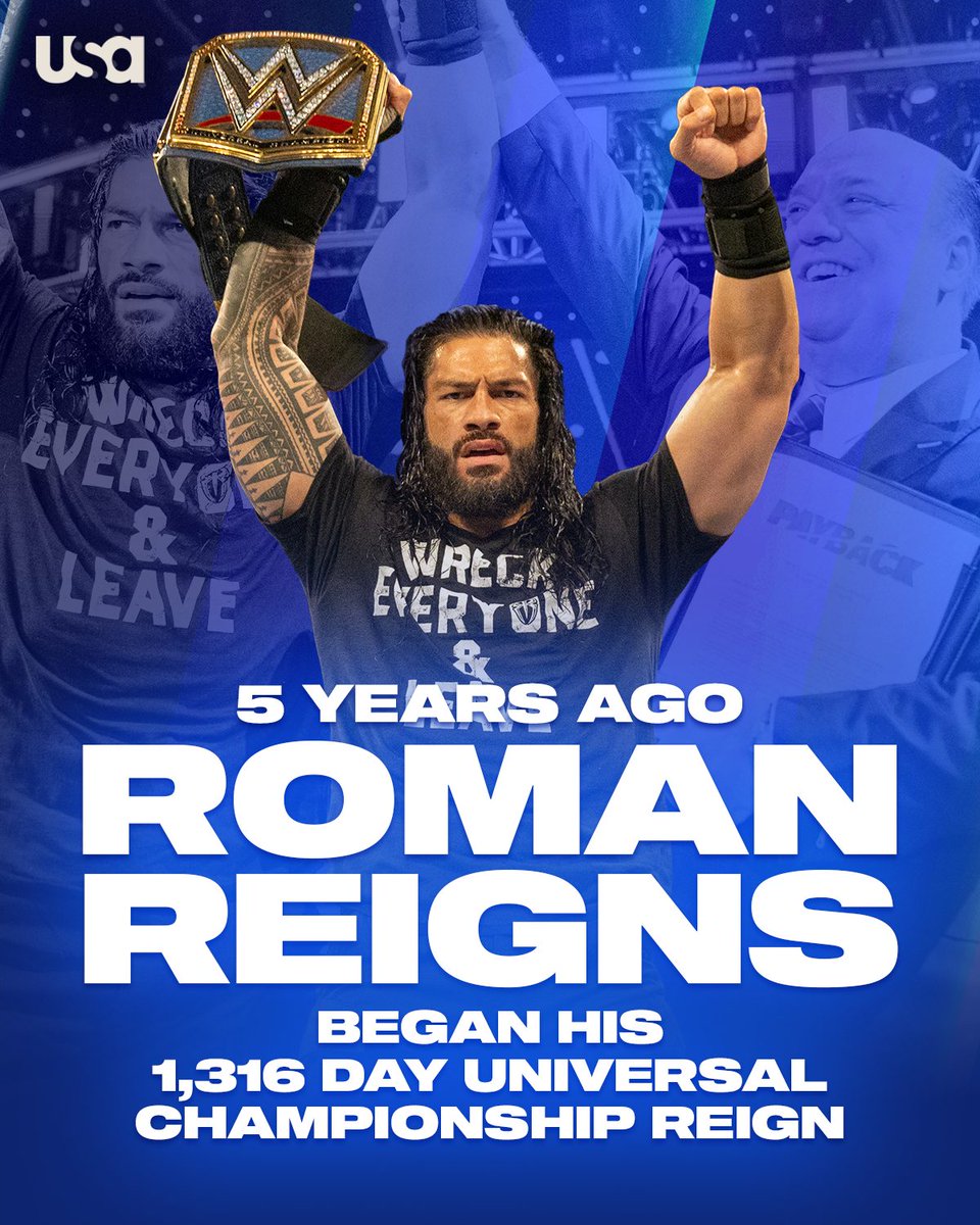 5 years ago at Payback, with <a href="/HeymanHustle/">Paul Heyman</a> by his side, <a href="/WWERomanReigns/">Roman Reigns</a> began his 1,316 Day reign as WWE Universal Champion! #SmackDown