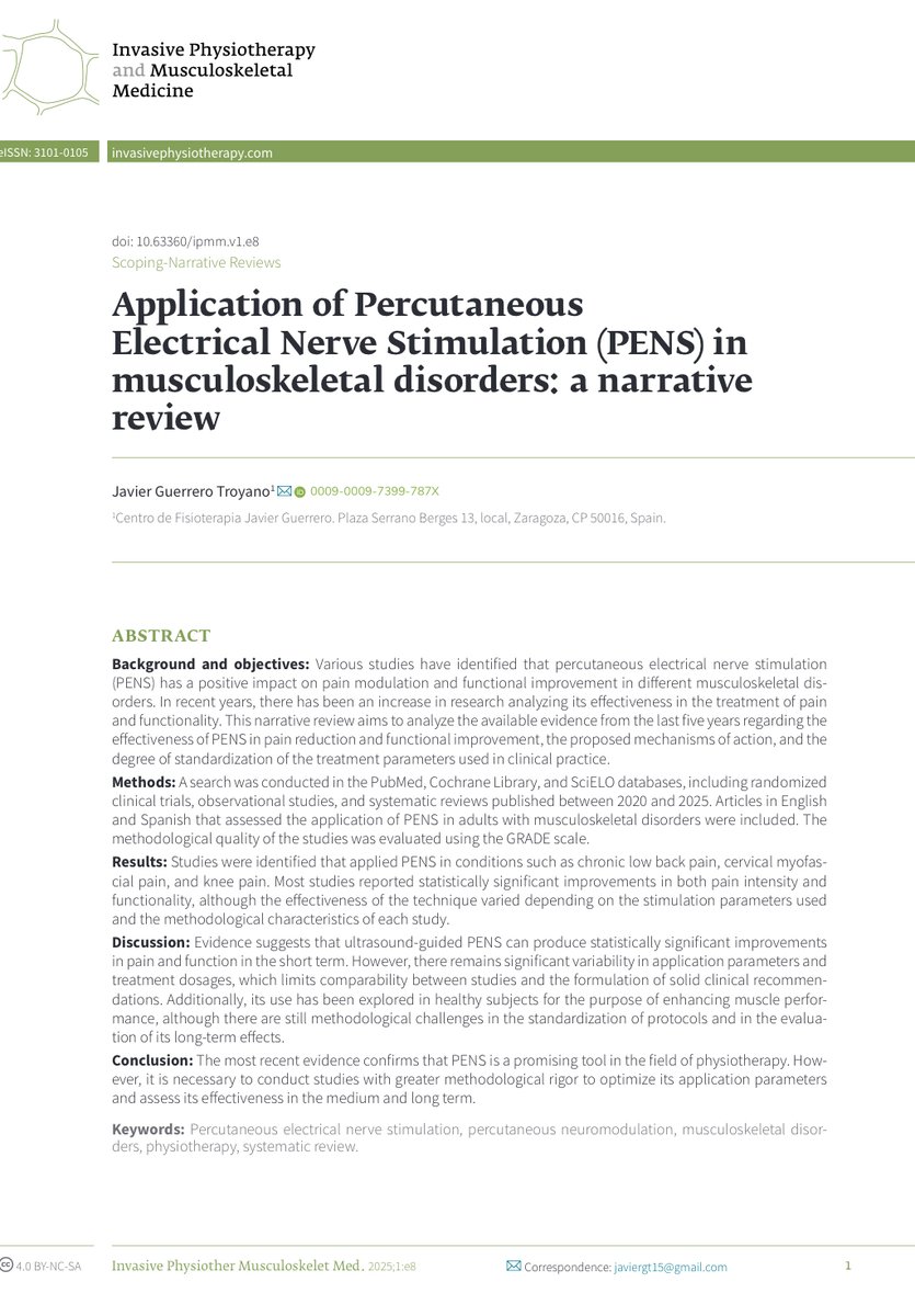 🆕📢 Exciting Publication Alert!
We are pleased to share the release of a new narrative review by Javier Guerrero Troyano.
link: View of Application of Percutaneous Electrical Nerve Stimulation (PENS) in musculoskeletal disorders: a narrative review