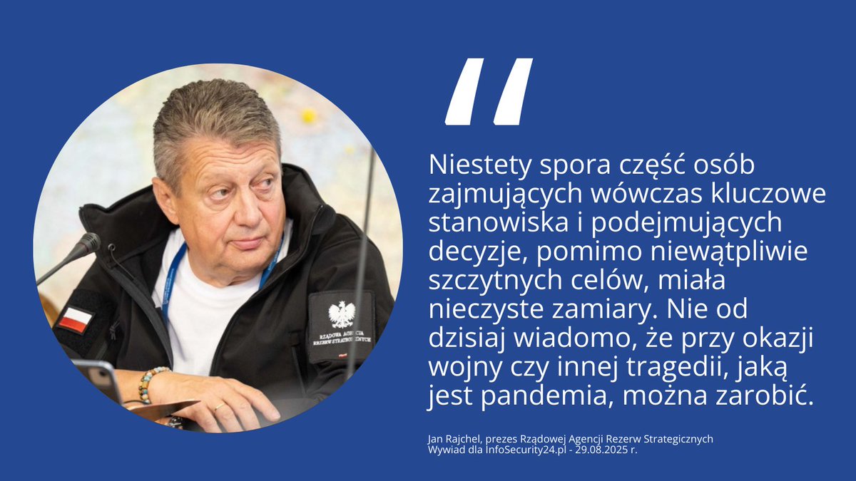 ➡️ Prezes <a href="/RARS_GOV_PL/">Rządowa Agencja Rezerw Strategicznych 🇵🇱</a> o zarządzaniu Agencją w czasie pandemii. 

🔴 Cała rozmowa dostępna na: infosecurity24.pl/bezpieczenstwo…

<a href="/Defence24pl/">Defence24</a> <a href="/MSWiA_GOV_PL/">MSWiA 🇵🇱</a> <a href="/janjalowczyk/">Jan Jałowczyk</a>