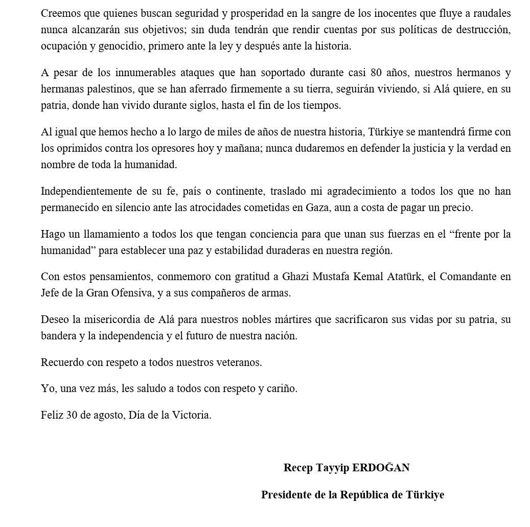 Mensaje del Día de la Victoria del 30 de Agosto de nuestro presidente Excelentísimo Sr. Recep Tayyip Erdoğan