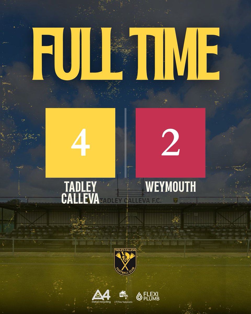 WE'VE DONE IT, WE'VE ABSOLUTELY BLOODY DONE IT. 

TADLEY ARE MASSIVE EVERYWHERE THEY GO

⚽️ ⚽️ Kieran Rodgers
⚽️ Alex Miller
⚽️ Own Goal (give it to Scott Costello)