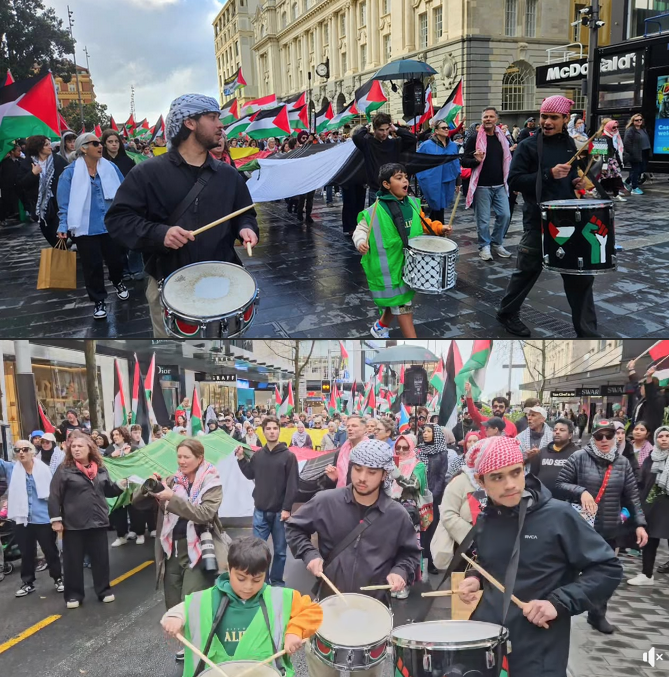 DavidRobie's tweet image. #Aotearoa New Zealand #Palestine's "voice" Ali Gouda, 9, and the drummer boys lead the Queen Street march in Auckland today. Coming up on Sept 13 - "March for Humanity" on Auckland Harbour Bridge. Images: #CafePacific #GazaGenocide @OnlinePalEng @PalestineAusNZ #nzpolitics