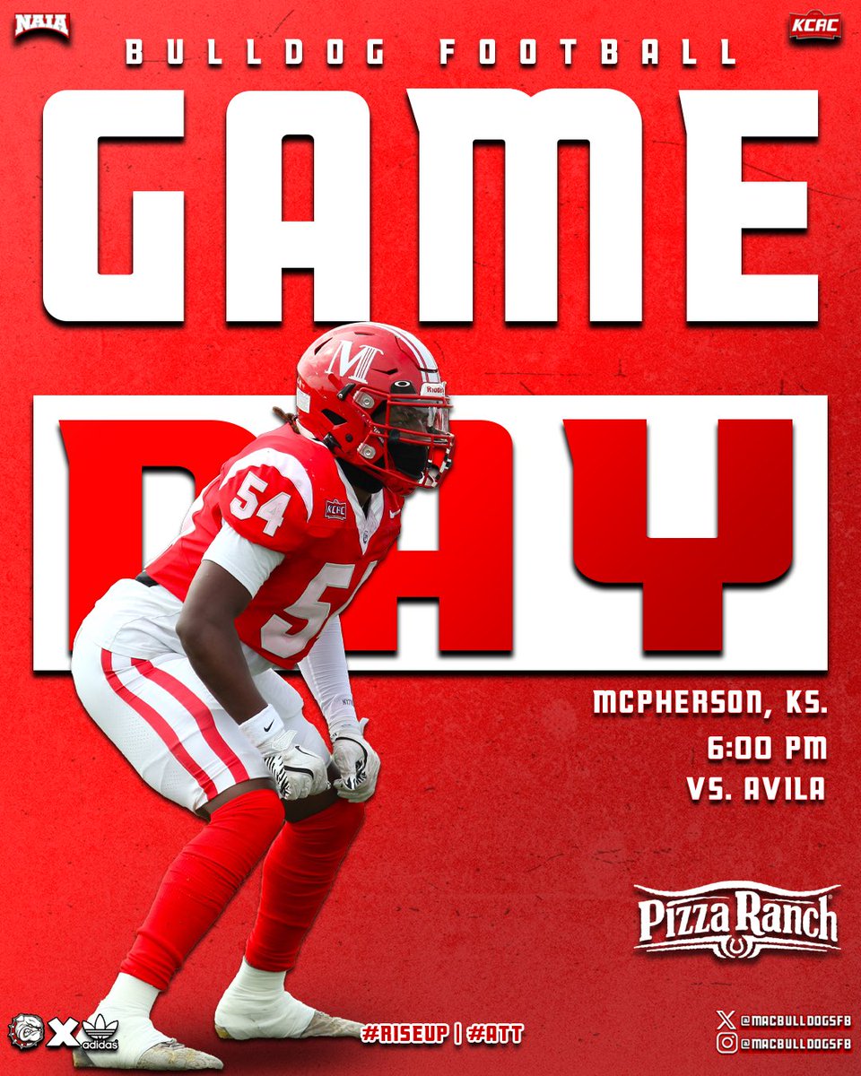 The wait is over — it’s game day! Bulldog Football opens the 2025 season at home against Avila University tonight!

⏰: 6:00 PM
🏟️: McPherson Stadium 
📍: McPherson, KS.
🎥: bit.ly/4mCNLYt

#RiseUp | #ATT