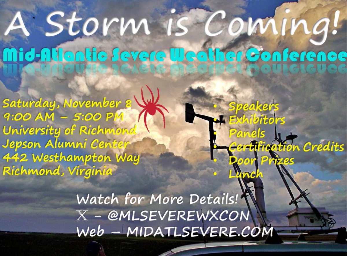 Another reminder! Sunday is the last day for early bird rates before prices go up for the <a href="/MLseverewxcon/">Mid-Atlantic Severe Weather Conference</a> at <a href="/urichmond/">University of Richmond</a> on Nov 8th! ANYONE interested can attend, and meteorologists can earn a CEU from <a href="/nwas/">National Weather Association</a> or <a href="/ametsoc/">American Meteorological Society</a> toward recertification! midatlsevere.ticketspice.com/mid-atlantic-s…