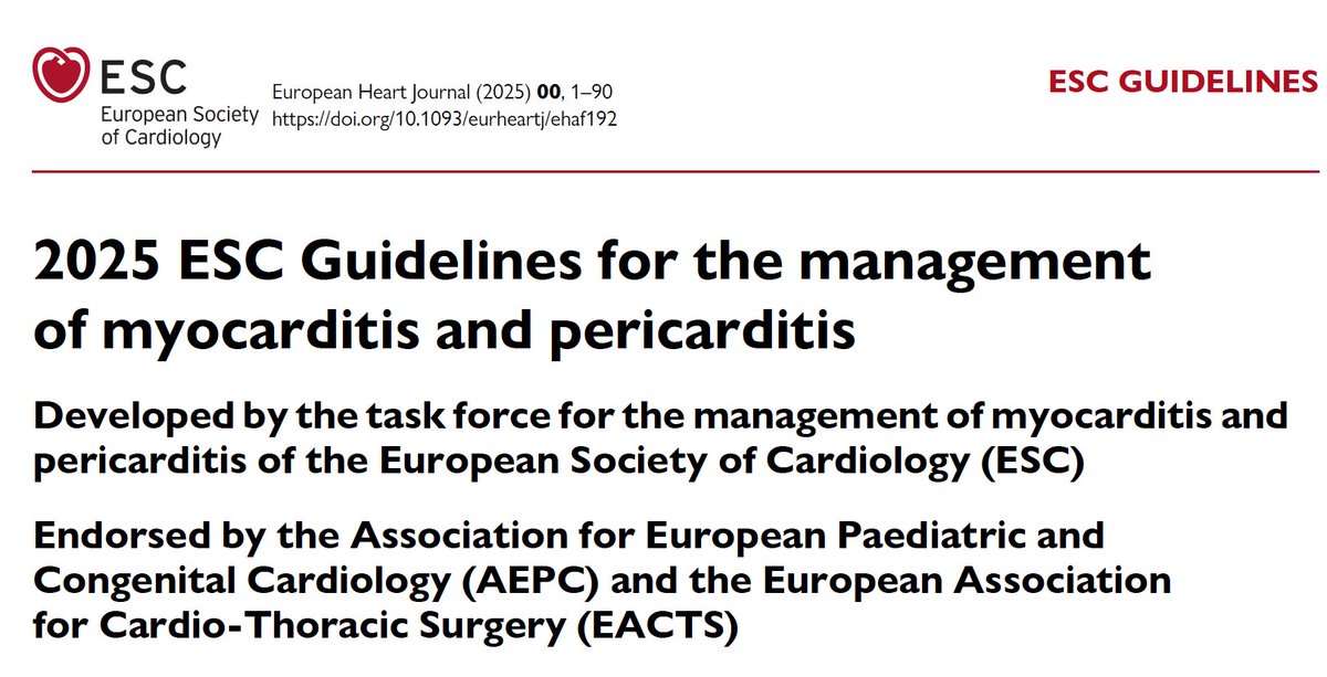 🆕🆕GUÍAS ESC 2025 MIOCARDITIS Y PERICARDITIS
Recién presentadas en #ESCCongress 
Hilo con los puntos clave 🧵1/10
academic.oup.com/eurheartj/adva…