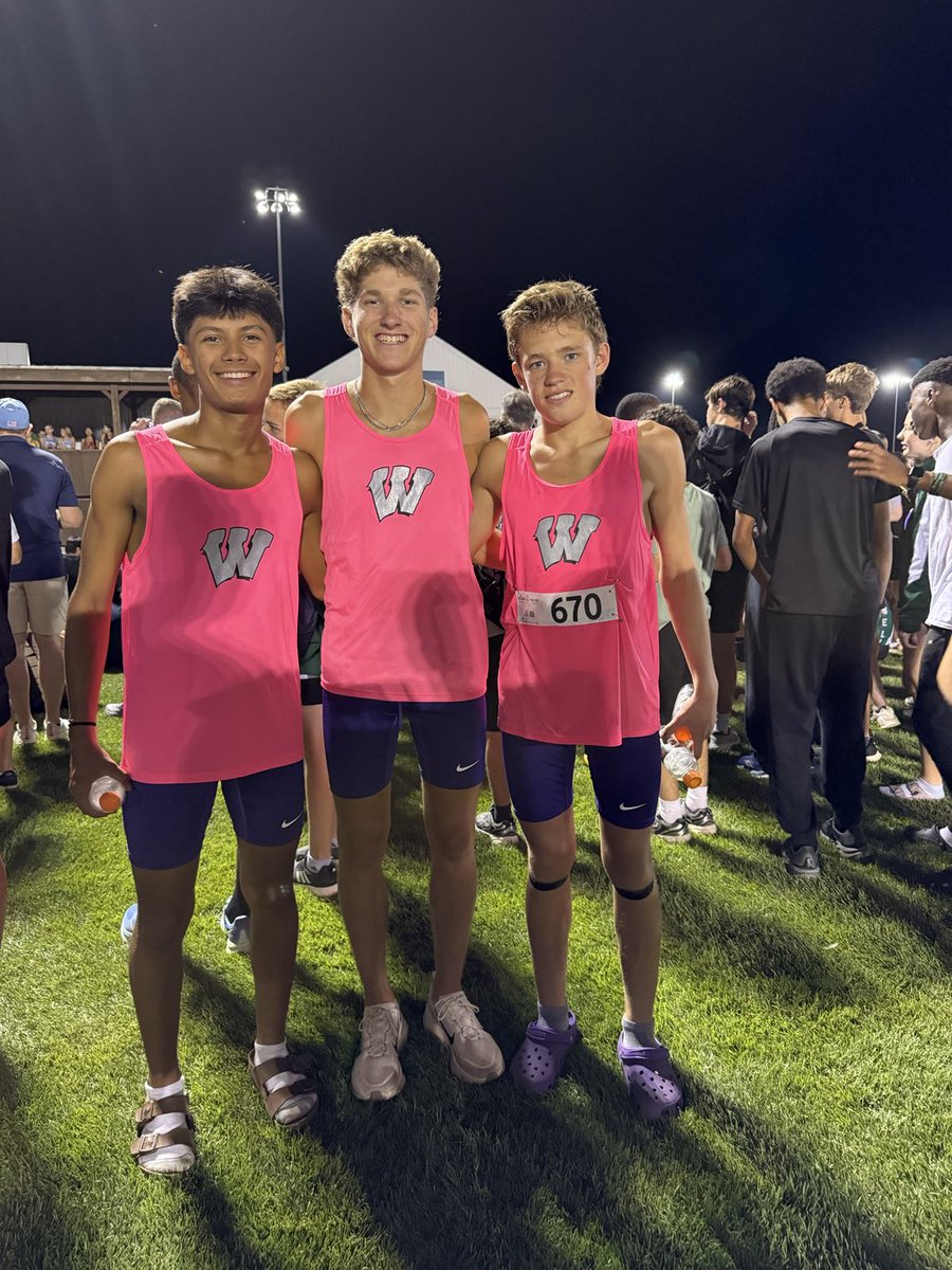 The pink jerseys looked great under the lights last night. Strong opener by our varsity guys with Will taking the title, Zach snatching the last medal in a new PR, &amp; Chase greatly besting his performance from this meet last year even after taking a tumble during the race 🔥🦾🐆