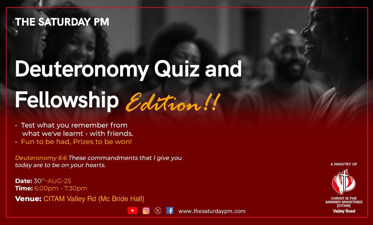 Join us tonight from 6:00 pm for a Deuteronomy Quiz and Fellowship session. We're going to have lots of fun together.

At Saturday PM, you will learn the Word, love the Word and live the Word.

We hope to see you all.

#SaturdayPM