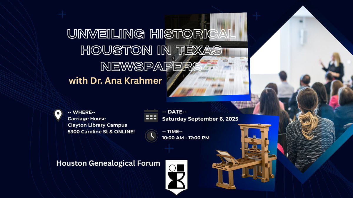 _hgftx_'s tweet image. Join us as Dr. Ana Krahmer, director of the Texas Digital Newspaper Program, shares how to uncover incredible stories from Houston&apos;s past using The Portal to Texas History, which includes over 58 Houston-area newspaper titles dating back to 1838! 🕵️‍♀️📰
