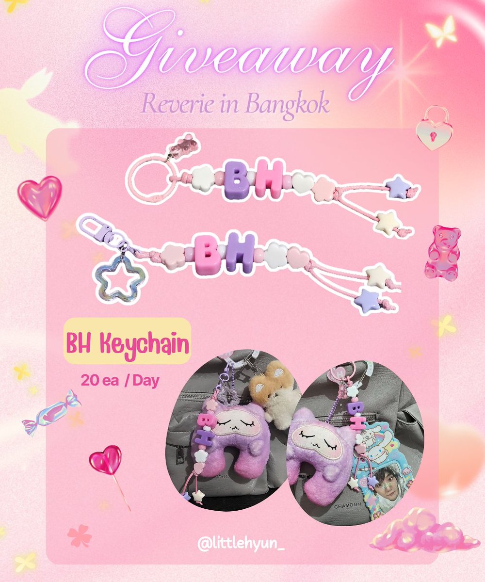 🐶Giveaway🍓🫧
#ReverieBANGKOK

⭑ BH keychain 💜🩷
⭑ 20 ea /day

date : 6-7 sep 
location : BITEC LIVE
🐶 rt &amp; show ticket