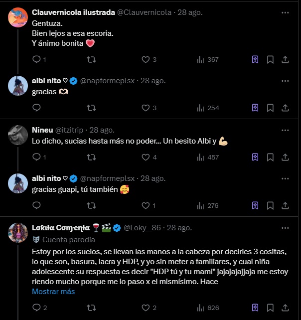 Hasta para insultar hay que tener talento, todo el que os falta que solo sois unas simples pandilleras ridículas, faltonas, maleducadas y vulgares. Justinita, Nineu, Clauvernicola, Loki, Albi, si dar vergüenza estuviera premiado seríais campeonas. Bochornoso.