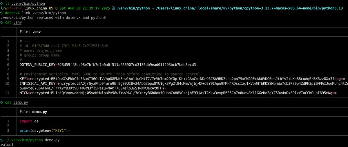 linux_china's tweet image. Dotenvx with Node.js and Python venv. No SDK required, and friendly with editor/IDE.