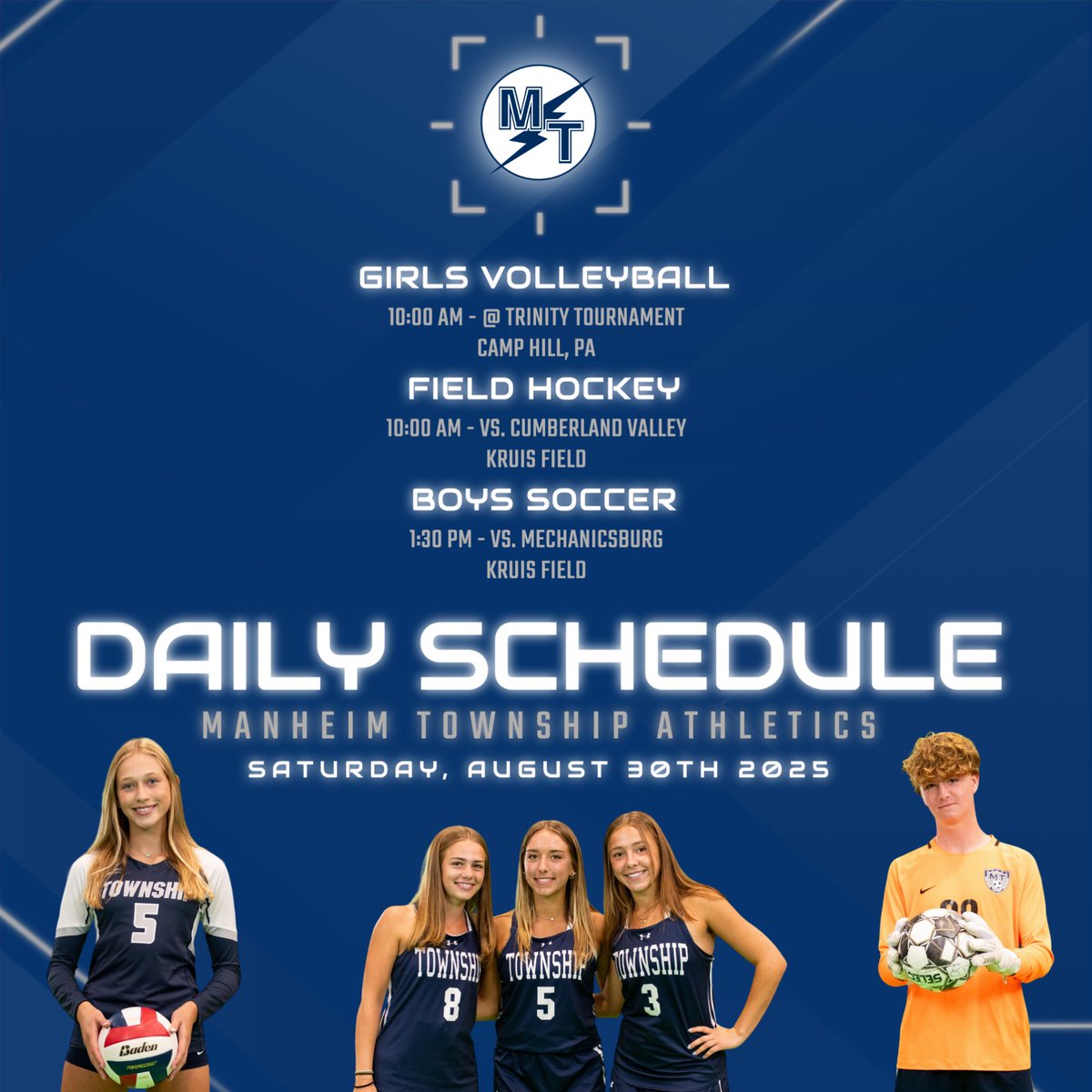 Manheim Twp Athletics (@mtsd_athletics) on Twitter photo We have a home double-header in the stadium today!
Field Hockey opens their season versus Cumberland Valley at 10:00 AM, followed by Boys Soccer taking on Mechanicsburg at 1:30 PM.
Girls Volleyball heads to Trinity looking to repeat as tournament champions!
#GOSTREAKS We have a home double-header in the stadium today!
Field Hockey opens their season versus Cumberland Valley at 10:00 AM, followed by Boys Soccer taking on Mechanicsburg at 1:30 PM.
Girls Volleyball heads to Trinity looking to repeat as tournament champions!
#GOSTREAKS