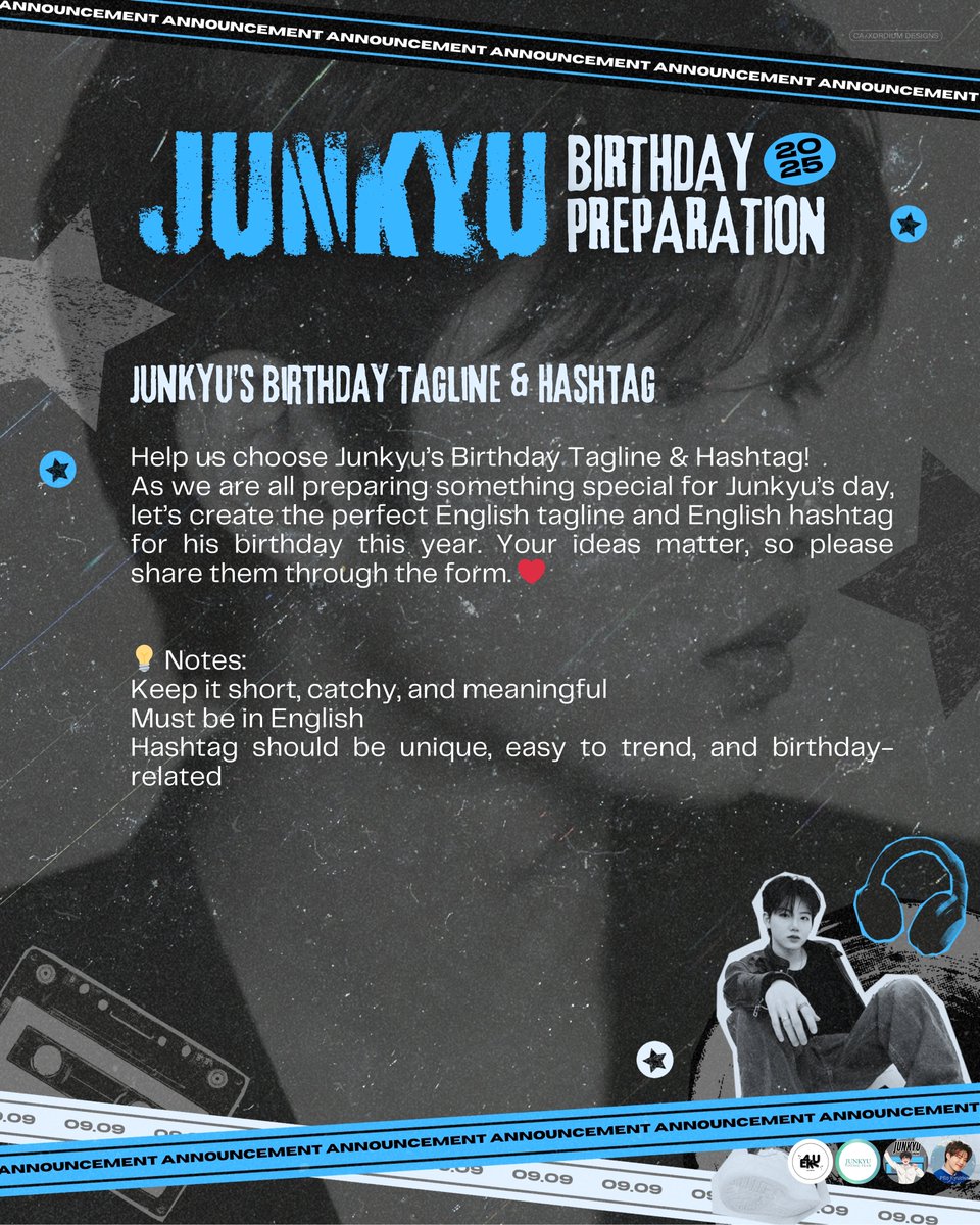 [NOTICE] 📢

Suggestion form for Junkyu's Birthday English Tagline and Hashtag is now OPEN! ❤️

Please send your ideas through the form, you can send as many as you can 😊

tinyurl.com/2025JUNKYUBDAY…

#JUNKYU #준규 #ジュンギュ