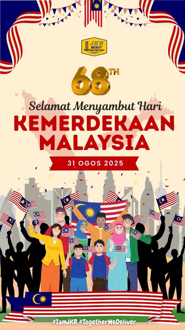 Selamat Menyambut Hari Kebangsaan ke-68. Marilah kita bersama-sama menghayati erti kemerdekaan dengan memperkukuh semangat patriotisme, meningkatkan perpaduan dan terus berusaha memajukan negara ke arah kecemerlangan yang berterusan. 

#iamJKR #togetherwedeliver

<a href="/MohdIzainudin/">Mohd izainudin Ibrahim</a>