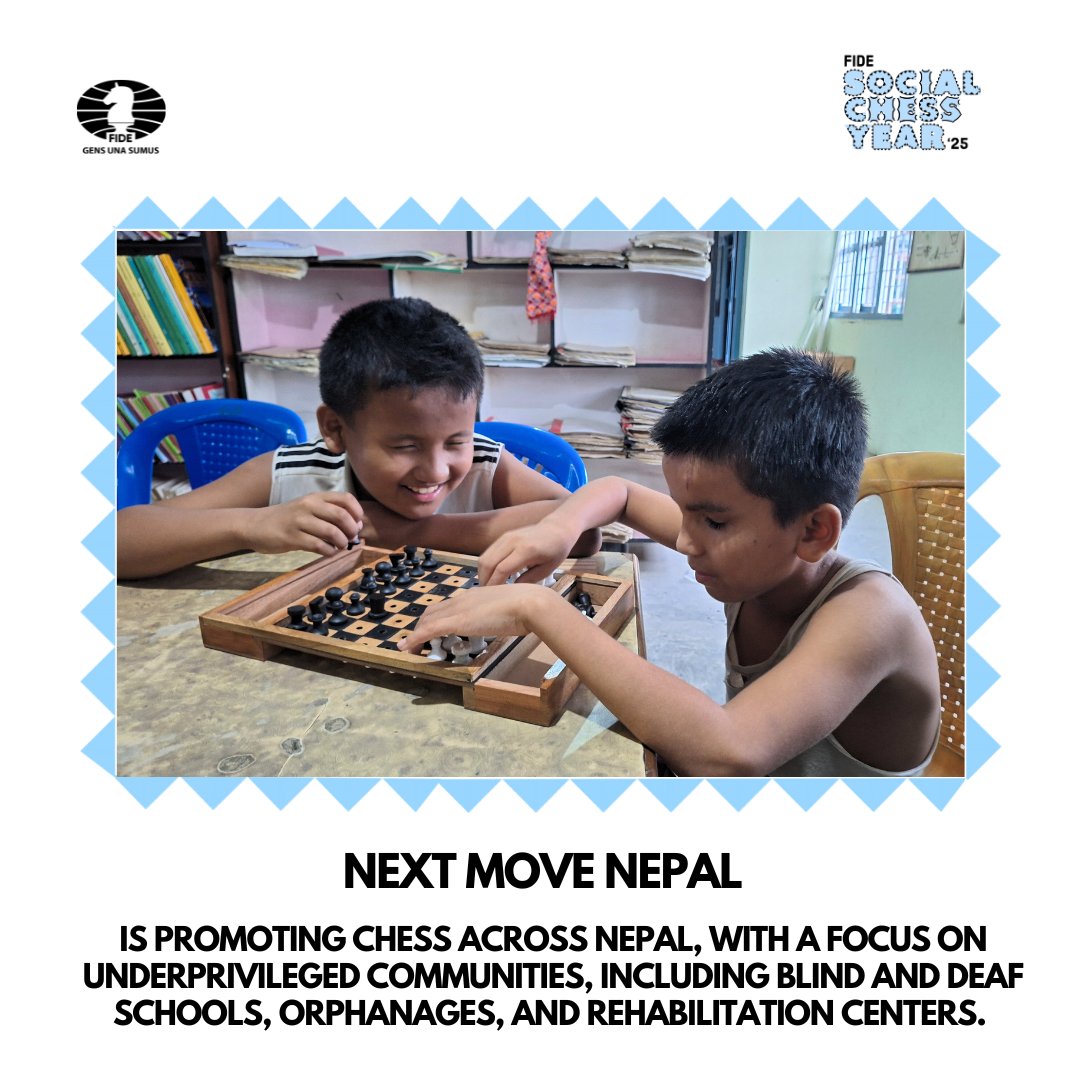 FIDE_chess's tweet image. Introducing: Next Move Nepal 🌟
Dharan, Nepal 🇳🇵

Founded by Hridaya Marasini, &apos;Next Move Nepal&apos; is a non-profit organization dedicated to promoting chess across Nepal, with a focus on underprivileged communities.

✨ Through its flagship initiative, Chess for Inclusion, the…