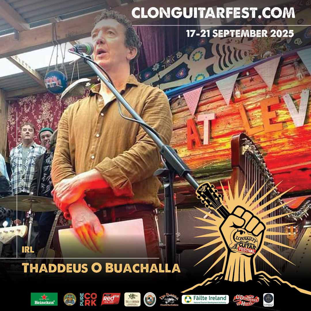 Clonguitarfest's tweet photo. Thaddeus Ó Buachalla - an Irish language singer, poet & novelist. His performances are a mix of traditional sean-nós, original songs & spoken word, accompanied by guitar & oud. An eclectic mix of old & new, united by a common thread of Irish language art forms #CIGF25 #guitartown https://t.co/ypX1GJdy0M
