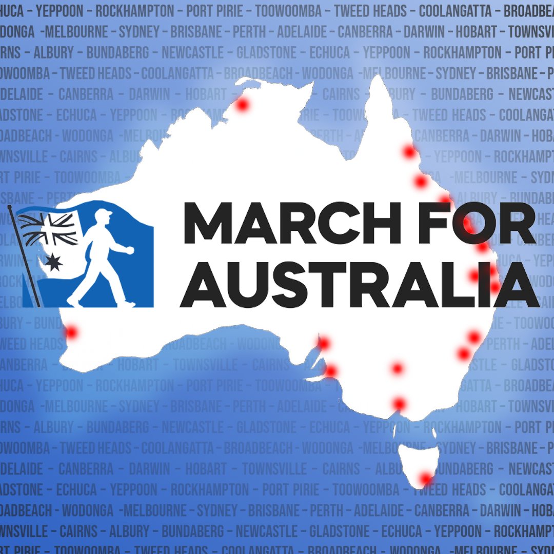 marchforaus's tweet photo. ALL 20+ NATIONAL MARCH LOCATIONS:

Melbourne – Flinders Street Station, 12:00 PM

Sydney – Belmore Park, 12:00 PM

Brisbane – Roma Street Parkland, 12:00 PM

Perth – Supreme Court Gardens, 1:00 PM

Adelaide – Rundle Park, 12:00 PM

Canberra – Captain Cook Memorial (Regatta Point), 12:00 PM

Darwin – Civic Centre (City Council), 11:00 AM

Hobart – Salamanca Lawns, 12:00 PM

Townsville – Anzac Memorial Park, 11:30 AM

Cairns – Fogarty Park, 11:30 AM

Albury / Wadonga - Les Stone Park Wadonga 12:00PM

Bundaberg - Buss Park, 12:00PM

Newcastle – Pacific Park, 11:00 AM

Gladstone – Showgrounds, 12:00 PM

Echucha - Echucha Information Centre, 12:00PM

Yeppoon - Station Carpark, 12:00PM

Rockhampton - Central Park, 12:00PM

... and many more (check Port Pirie, Toowoomba, Tweed Heads, Coolongatta, Broadbeach etc community boards).

Arrive early, many states report significant transport delays due to road closures, buses replacing trains etc. States like Victoria have significant roadworks scheduled for tomorrow so check your area.

Stay with the crowd and follow police instructions. Demonstrate peacefully.

No foreign flags.

Tomorrow we March For Australia, we march for an end to mass immigration.

There’s only one thing left to do... march.