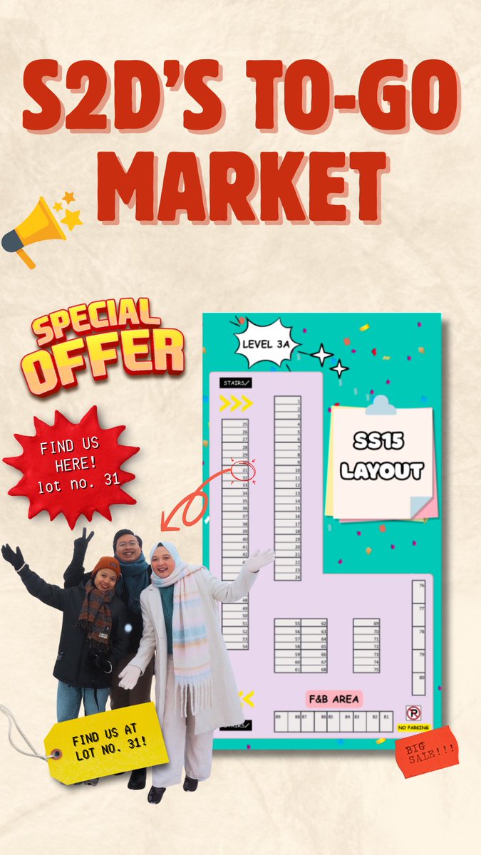danialfrds's tweet photo. 📣 S2D’s TO-GO MARKET is happening! 🎉  

We’re bringing SPECIAL OFFERS just for you at Lot No. 31, Level 3Aat Walla SS15 CBS🛍️💥  

Bring your friends, grab some goodies &amp; don’t miss the vibes 🫶🏼✨  

🎁 Surprises await — see you there!  #Walla #SupportLocal #BigSale #Preloved https://t.co/Y9OXZWZB3X