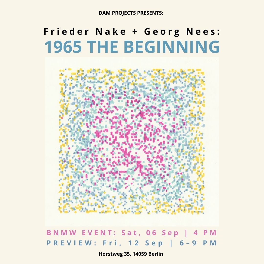 DAMDigitalArt's tweet image. ✨ We’re thrilled to join Berlin New Media Week! On Sept 6, 4 PM, Wolf Lieser takes you back to the very first computer art show (1965) with works by Nees &amp;amp; Nake. Plus: Preview Sept 12, 6–9 PM at DAM Projects, meet Frieder Nake at 7 PM! #DAMProjects #Berlinnewmediaweek