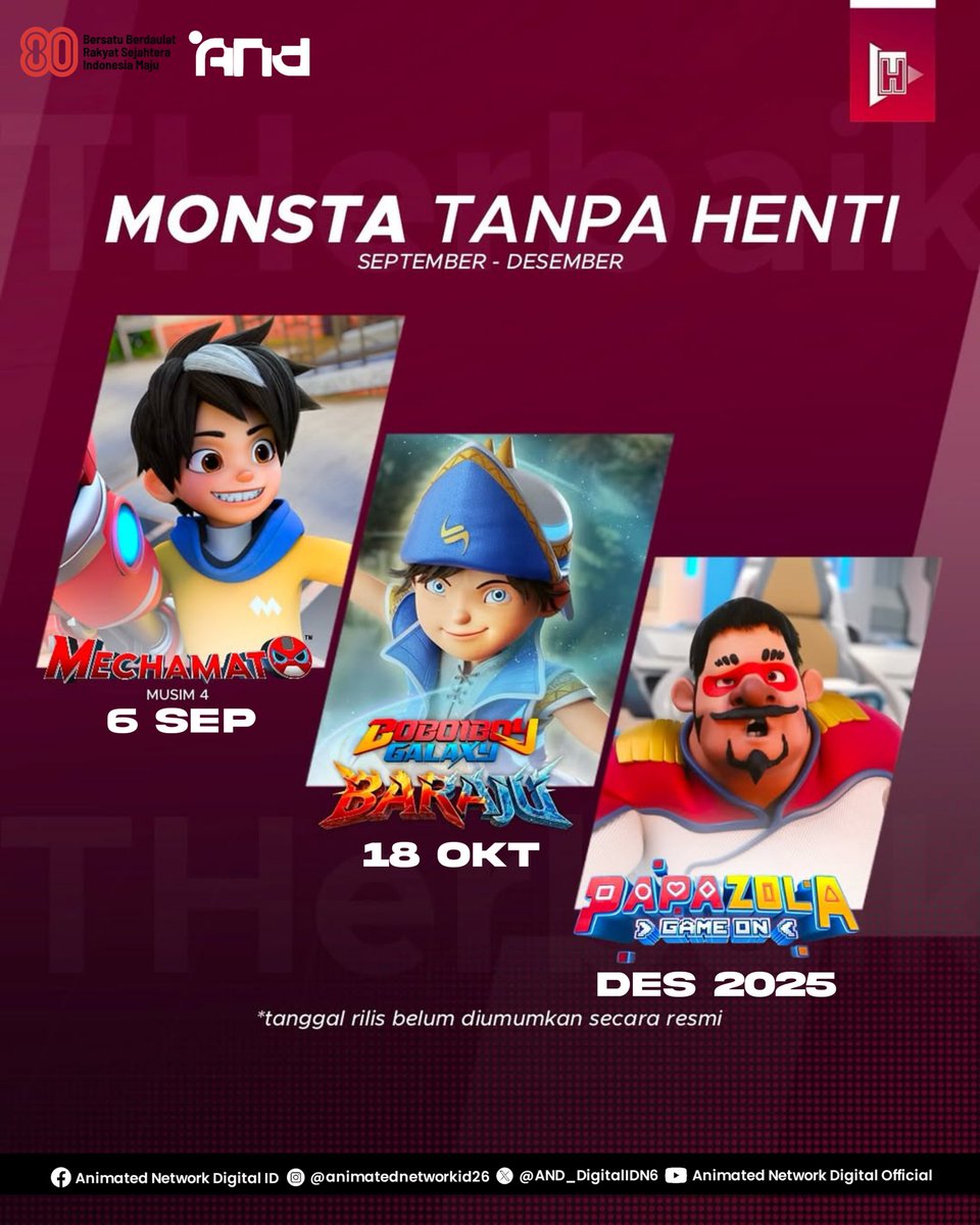 AND_DigitalIDN6's tweet image. therbaik Monsta Tanpa Henti

Akan dimulai dari pertengan bulan September ini dengan Series Mechamato Season 4 lalu di lanjutkan dengan Boboiboy Galaxy Baraju Dan ditutup Movie Papa Zola Movie di Desember

#boboiboy #animatednetworkdigitalid
#ANDID #monsta #mechamato #papazola