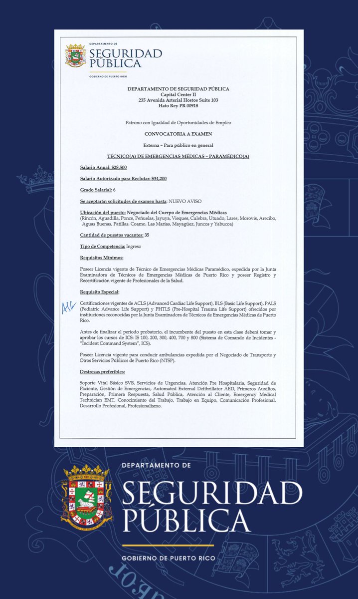 🚑 El Negociado del Cuerpo de Emergencias Médicas del <a href="/DSPnoticias/">Departamento de Seguridad Pública de Puerto Rico</a> anuncia convocatoria externa para Técnico(a) de Emergencias Médicas – Paramédico(a).

📌 35 plazas disponibles
💵 $34,200 anuales
📅 Solicitudes hasta nuevo aviso @CEMPRESTATAL