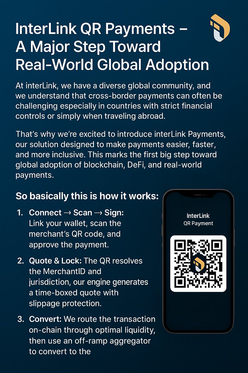 InterLink QR Payments – A Major Step Toward Real-World Global Adoption.

With InterLink, you can use your familiar QR code to pay seamlessly using crypto such as USDT, ETH, and more, while merchants receive settlement in their local fiat currency (PHP, MXN, VND, etc.)
#ITLG