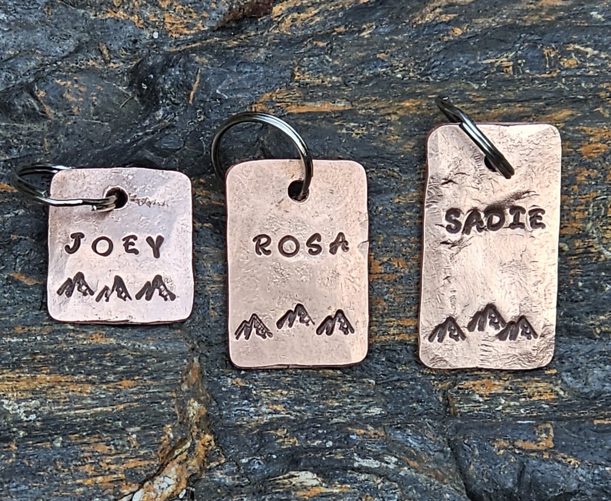 Handcrafted dog tags made in Canada. Heavy duty copper deeply stamped and made to last a lifetime.