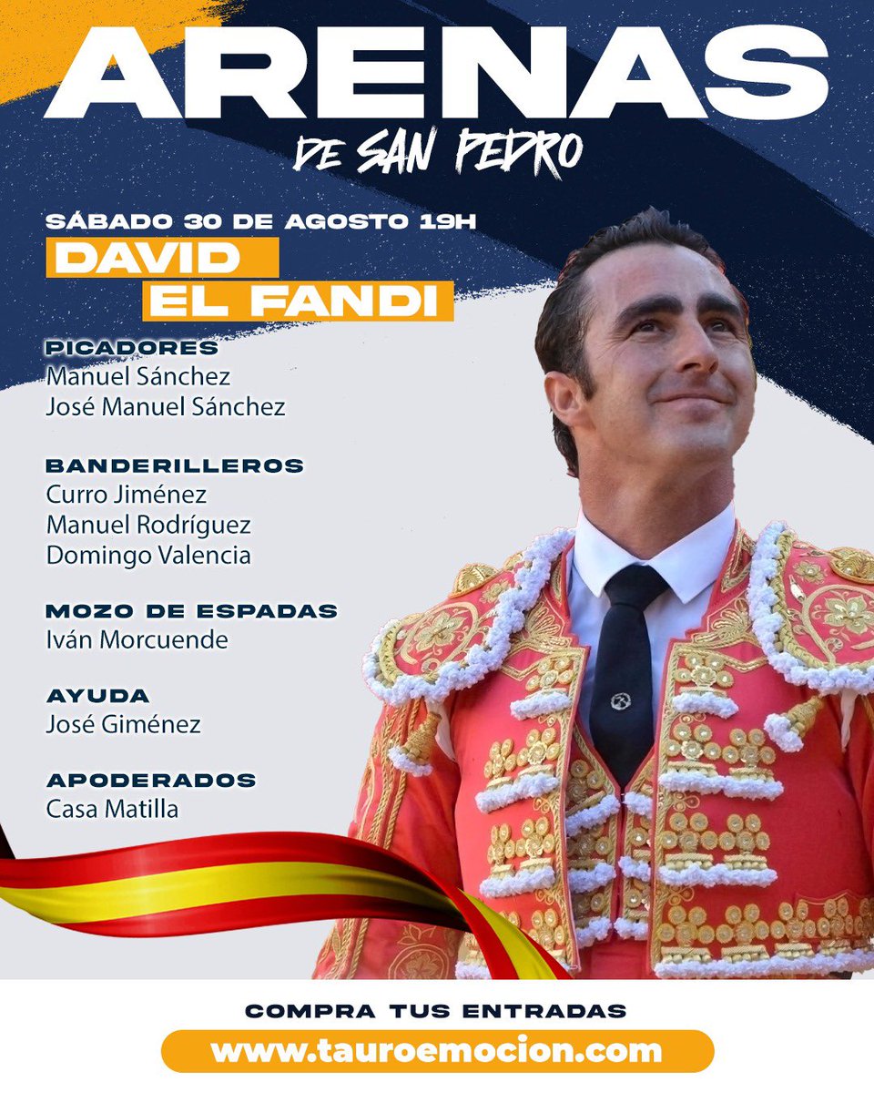 torosavila's tweet photo. 🔜👉 𝗖𝗨𝗔𝗗𝗥𝗜𝗟𝗟𝗔𝗦 𝗣𝗔𝗥𝗔 𝗘𝗦𝗧𝗔 𝗧𝗔𝗥𝗗𝗘 en Arenas de San Pedro: Pérez de Gregorio, Fandi, Escribano y Julio Méndez a las 19h.

👉🎟️ ¡𝗖𝗢𝗠𝗣𝗥𝗔 𝗧𝗨𝗦 𝗘𝗡𝗧𝗥𝗔𝗗𝗔𝗦! En las taquillas de la plaza de toros o en la web https://t.co/nxKkdS8eYr https://t.co/B3koMDV66G
