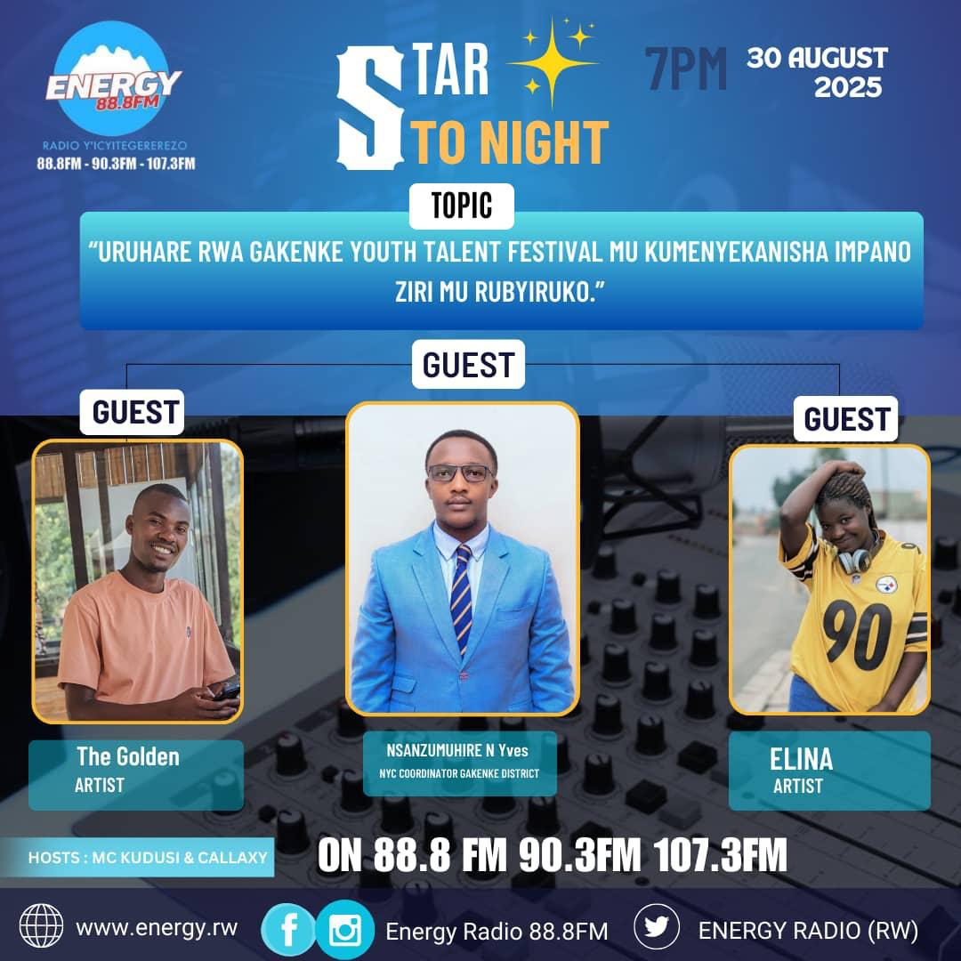 💥💥💥Ntimuze gucikwa niki kiganiro!!
Rungano impano zanyu zitangiye guhuzwa n'amahirwe abanyempano bacu batumiwe <a href="/ENERGY888FM/">ENERGY RADIO (RW)</a> saa moya 7:00 z'umugoroba uterekeho urushinge.

Iki nicyo gihe ngo akarere kacu kamenyekane Kandi impano z'urubyiruko zibe promoted.💪💪🦾