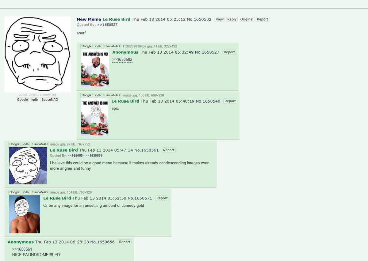 joshcki's tweet image. Has no one dug this up yet?

SNORF first appeared on 4chan’s /b/ board in 2014 (Feb 13th). The filename was literally “snorf,” and that’s what stuck.

One anon even called it out in the thread: “I believe this could be a good meme because it makes already condescending images…