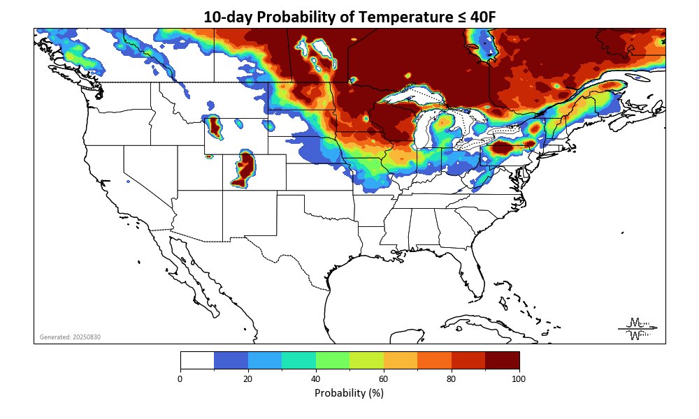 🌬️ A large trough is set to bring below-average temps to the central and eastern U.S. next week. Expect highs 15-20°F below normal, with some areas in the Upper Midwest only reaching the 50s. 🥶 Frost may be a concern around Lake Superior Thu morning. #WeatherUpdate #ColdFront