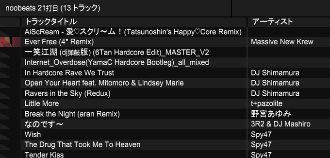noobeats21打目のセトリです！ 
人生初DJですがなんとかなりました 
spy47の曲がかけられて本当に嬉しい
#noobeats_DJ