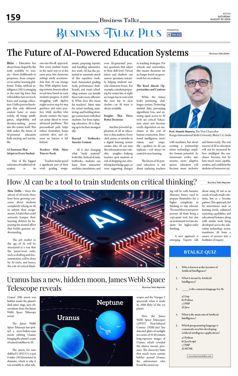 MManoria's tweet photo. Grateful to be featured in Business Talkz Plus international edition by Cyber Kings India.
Shared my thoughts on the Future of Education with AI. 
#FutureOfLearning #AI #Innovation #BusinessTalkzPlus #CyberKingsIndia
#Rungtacollege #RCET #RISU https://t.co/1EIMe6r3MN