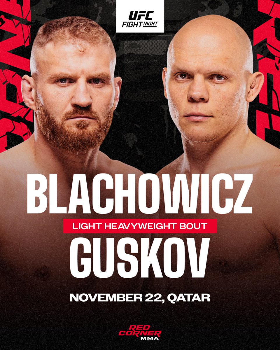 🚨Former UFC light heavyweight champion Jan Błachowicz takes on rising powerhouse Bogdan Guskov in a pivotal clash on Saturday 22 November 2025, at UFC Fight Night in Qatar.