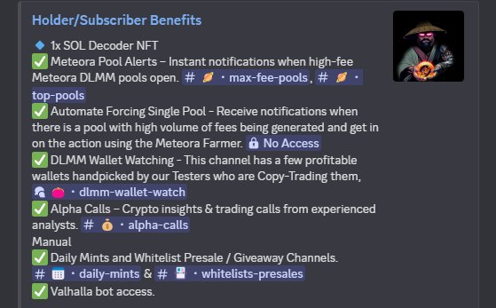 Do you hold a decoder yet anon? 🧐

Here's all you can get today on holding just 1 of our NFTs 🙂:

✅ Valhalla bot access 
✅ Fee discounts on bot
✅ Premium DLMM feeds &amp; trackers
✅ Smart wallets, settings &amp; active discussions
✅ Discord commands/social trading features (eg:
