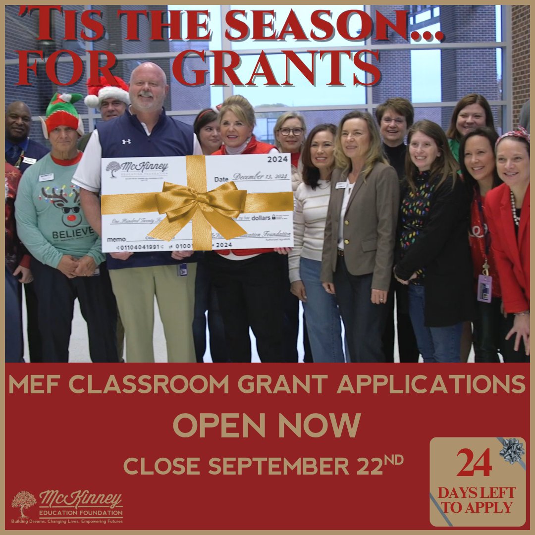 💡 Have an idea to make your classroom even better?
Apply for an MEF Classroom Grant to help make it happen! 🙌
We’re here to support your vision for student success.
🗓️ Deadline: September 22 (just 24 days left!)
 📥 Don’t wait — APPLY NOW: mckinneyefgrants.awardspring.com