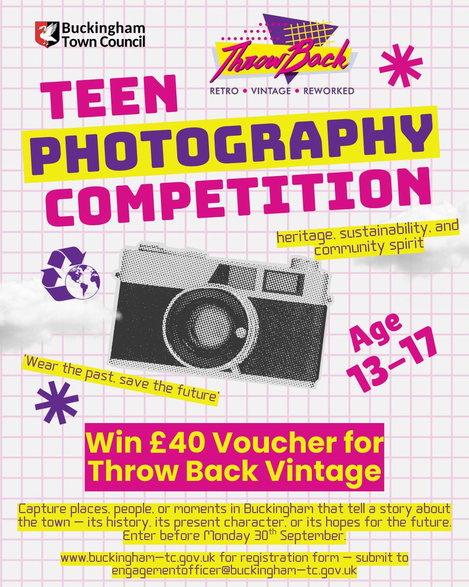 📸✨ Aged 13–17 and love photography? Enter our Teen Photography Competition to win £40 at Throw Back Vintage! 🛍️ Deadline: 30th Sept 2025. 👉 Info here: 🌐 buckingham-tc.gov.uk/teen-photograp… Show us your creativity! 🌟