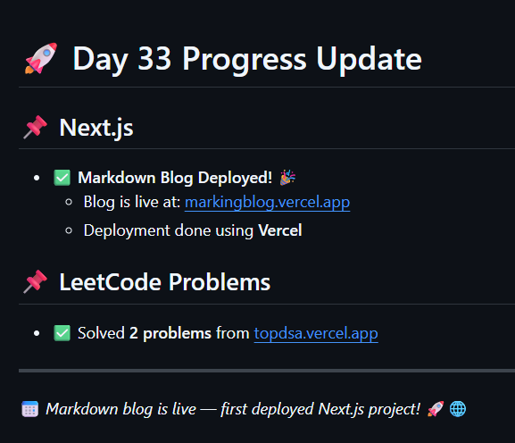 _Tharun_G's tweet photo. Day #33 Update
- Next.js: Markdown Blog Deployment (https://t.co/A9YhXLUGq0)
- LeetCode: Two Coding Problems from https://t.co/rhlHP9R1oF
#100DaysOfCode #LeetCode #Coding #DSA #startcoding #vercel https://t.co/kVH5JqYcUo