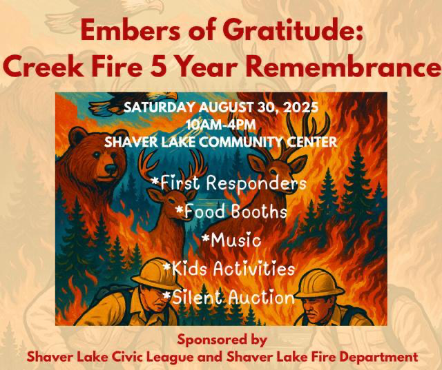 Join the CCADT today and many other emergency responders at the "Embers of Gratitude: Creek Fire 5 Year Remembrance".  10:00 a.m. - 4:00 p.m. at the Shaver Lake Communi… See more