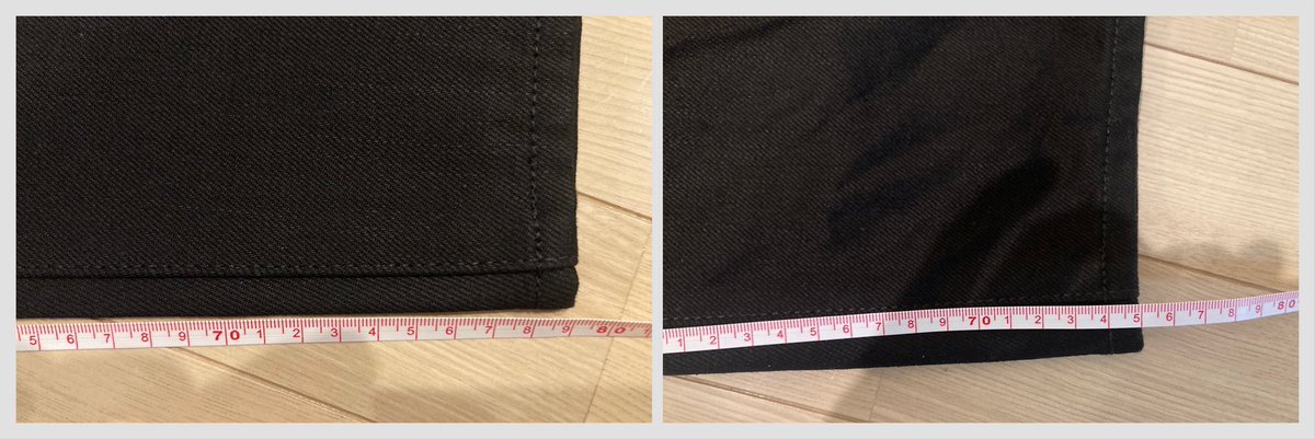 今日買ってきたバギーセルビッジジーンズのリジッドブラック、サイズ32を早速糊落としして浴室乾燥機で乾燥
ウエストほぼ変わらず(45cm→44.5cm)
裾幅-1cm(24cm→23cm)
股下-4cm(79cm→75cm)
写真は左がbefore、右がafter
#supreme