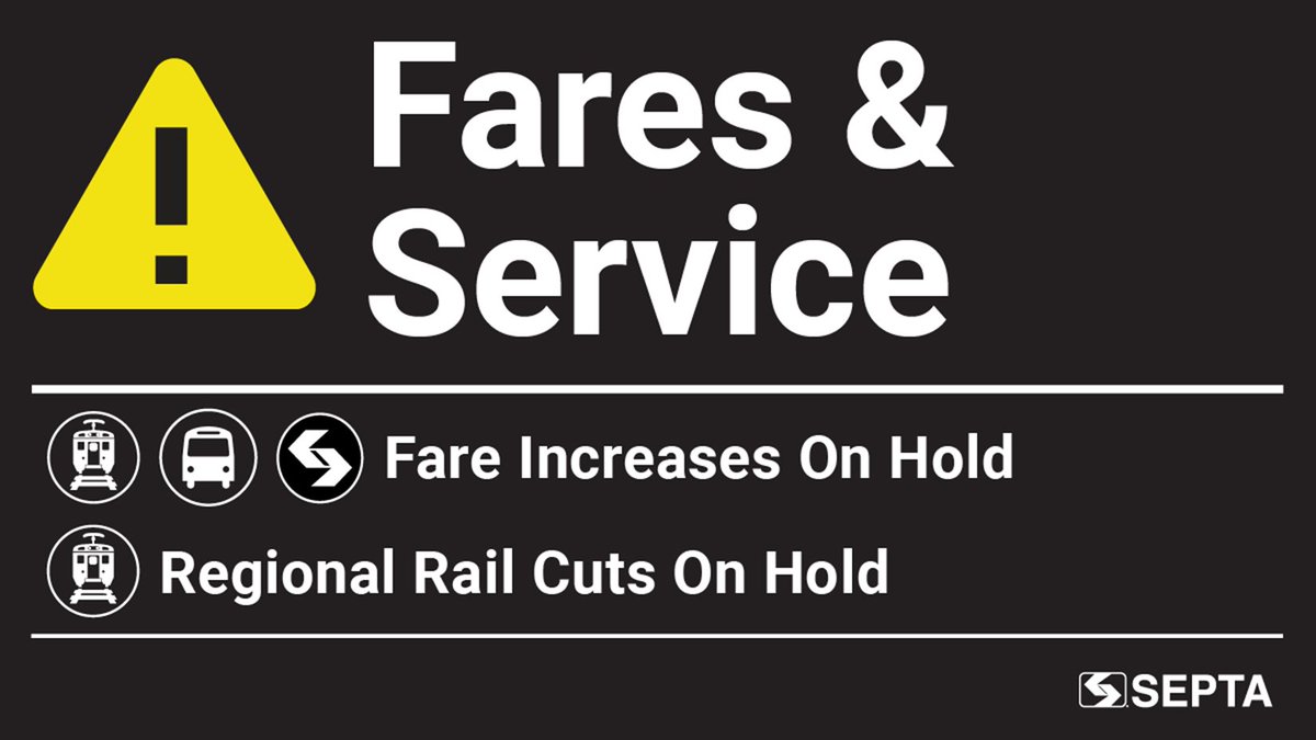 SEPTA would like to update customers of changes to its plans for fare increases and Regional Rail service cuts that were scheduled to go into effect next week.

Per a ruling from Common Pleas Court on Friday #SEPTA was ordered to halt any further additional service cuts and fare