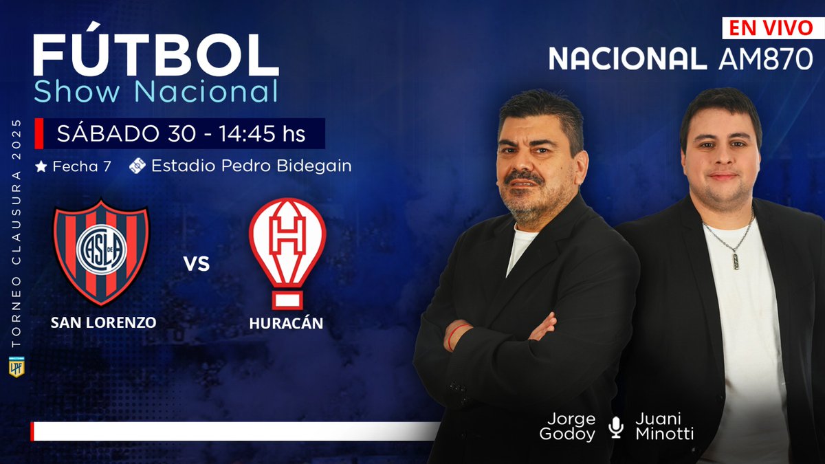 #FútbolShowNacional | ¡El "Ciclón" y el "Globo" juegan el clásico y lo vas a vivir por <a href="/NacionalAM870/">Radio Nacional AM 870</a>  !⚽ 

Desde las 14:15 hs, transmitimos #SanLorenzo vs #Huracán  en #AM870 📻

Relata <a href="/JorGodoy/">Jorge Godoy</a> comenta <a href="/JIMinotti/">Juan Ignacio Minotti</a> 
Vestuarios <a href="/julinatalutti/">Juli</a> y <a href="/valdezhernan/">Hernan Valdez</a> 

📻AM870
#TuRadio