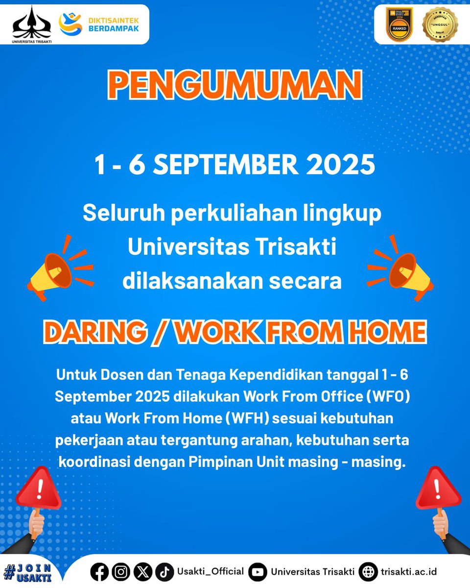 usakti_official's tweet image. 📢 Pengumuman
Perkuliahan Universitas Trisakti tanggal 1–6 September 2025 dilaksanakan online (daring).
Dosen &amp;amp; tenaga kependidikan: WFO/WFH sesuai kebutuhan unit.
Penjagaan kampus tetap berjalan normal.

#Usakti #Pengumuman