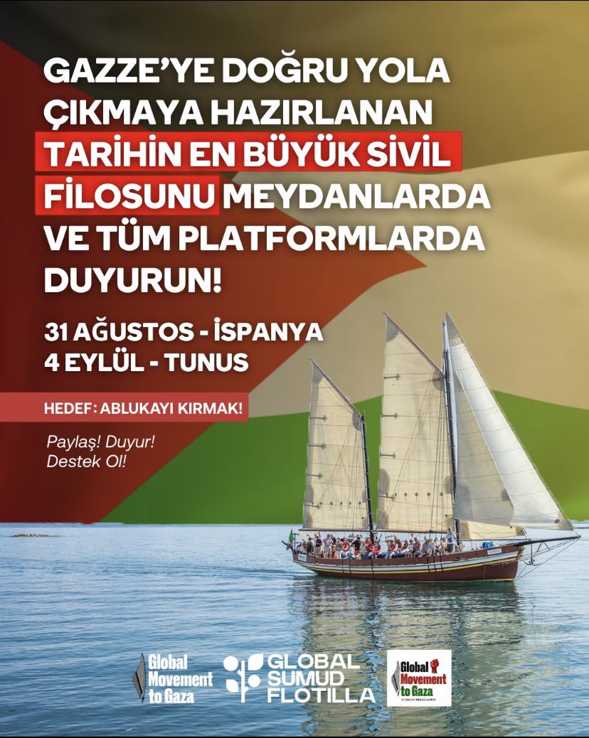 Gazze’de 2 yıldır katliam, soykırım ve abluka altında nefes alamayacak durumda olan masum insanlara nefes olabilmek, ablukayı kaldırabilmek, insani yardım koridorunu açabilmek için 44 farklı ülkeden yüzlerce insan onlarca gemiden oluşan Global Sumud Filosuyla 31 Ağustos 2025