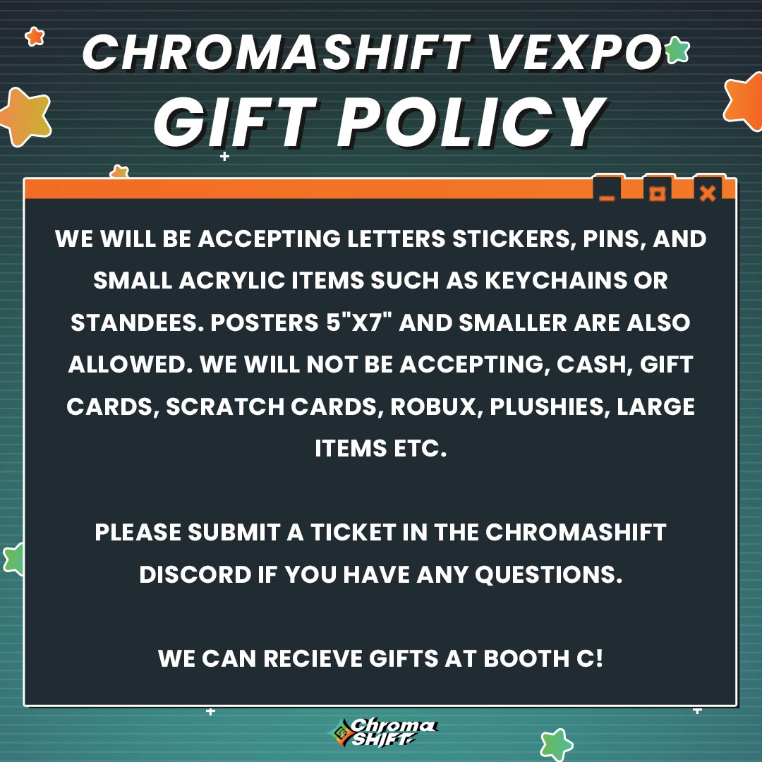 Our Gifting Policy remains the same for all conventions. Sharing again just in case you need the refresher for VeXpo!

We are at Booth C, literally one of the first things you see as you enter the convention hall!