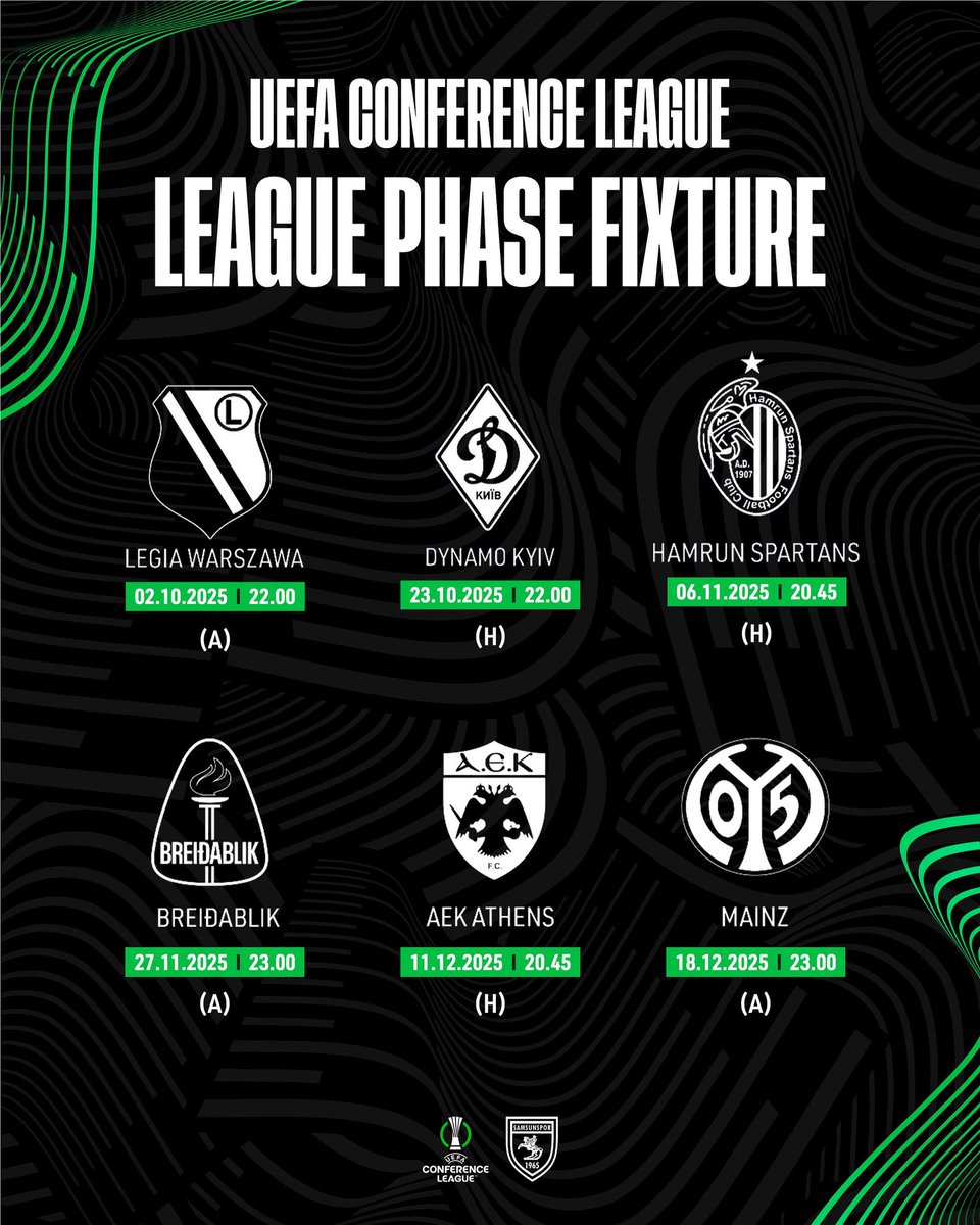 2025-26 UEFA Konferans Ligi, Lig Aşaması Fikstürümüz 🔴⚪️
 
İlk maçımızda, deplasmanda Legia Warszawa ile karşılaşacağız. 🌍⚽️

#Samsunspor #UECL #AtatürklüArma
#FromSamsuntoEurope #UEFA