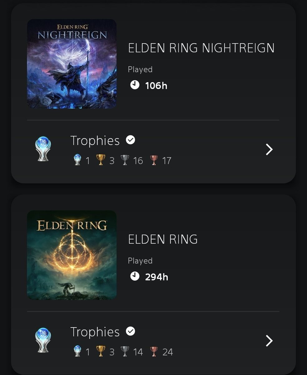 In other news, I finally got the dual Elden Ring platinum trophies last night. I feel so awesome and gamer. Very few of y'all will understand how cool this is, but I share regardless.