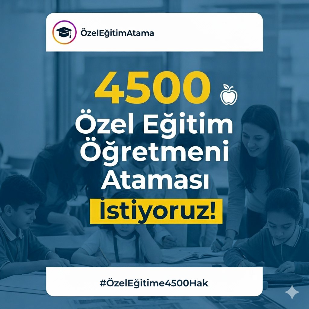 Türkiye'de özel eğitime ihtiyaç duyan öğrenci sayısı her yıl artıyor. Bu ihtiyacı karşılayacak binlerce eğitim neferi göreve hazır. Kaliteli ve kapsayıcı eğitim için okullarımızdaki özel eğitim öğretmeni açığı acilen kapatılmalıdır. Atama müjdesi bekliyoruz!
 #OzelEgitime4500Hak