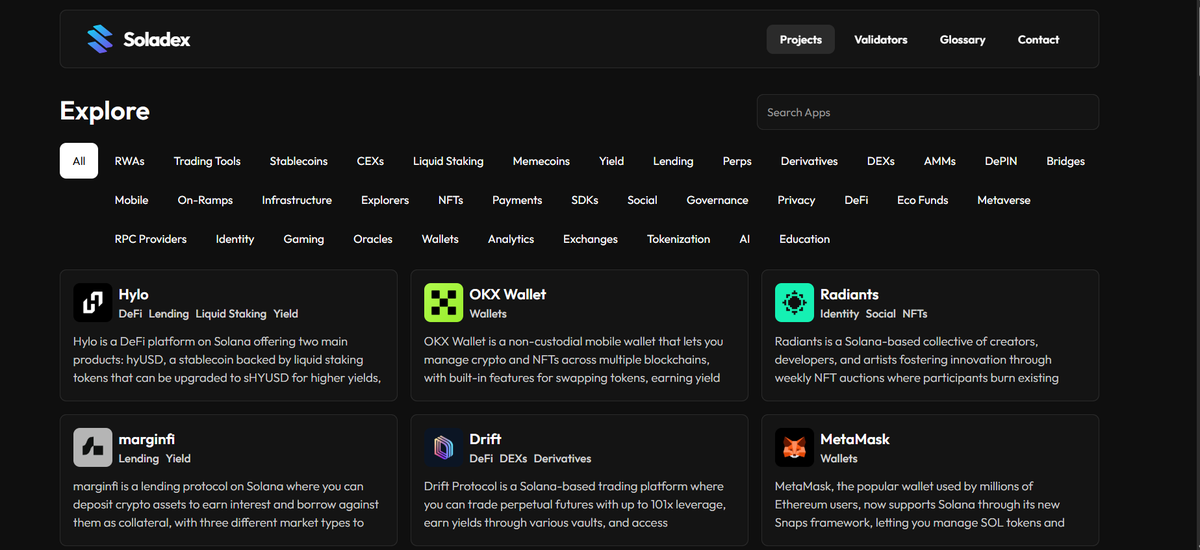 I really like <a href="/Soladex_io/">Soladex - Solana dApp Index</a> 

no need to check every project one by one

wallets dexes nft platforms all in one place

when you want to try something new just open pick and go

honestly saves a lot of time

they’re cooking hard for <a href="/solana/">Solana</a>